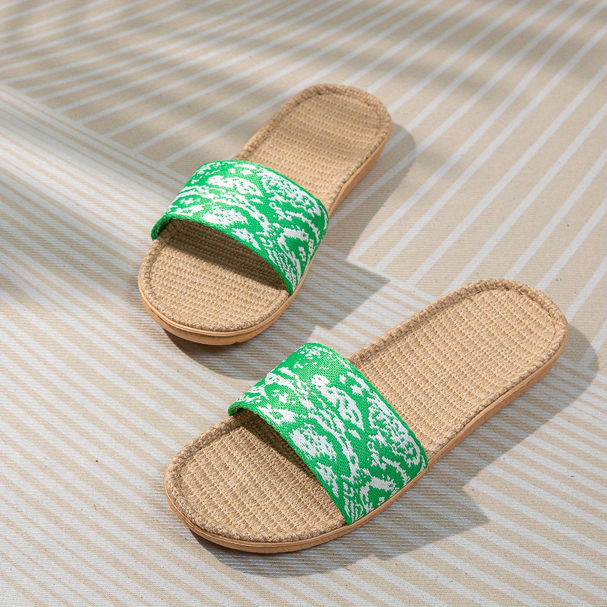 Women's Flat Linen Slides Breathable Open Toe Slip On Shoes