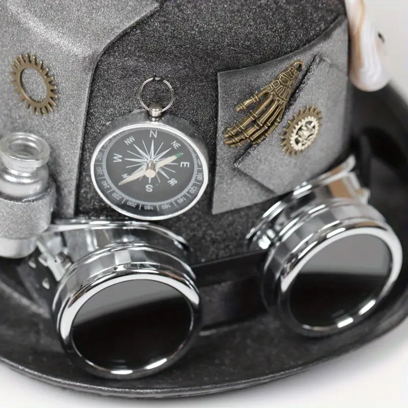 unisex steampunk hat with silver compass bottle horn buckle goggle removable metal decor gear details 4
