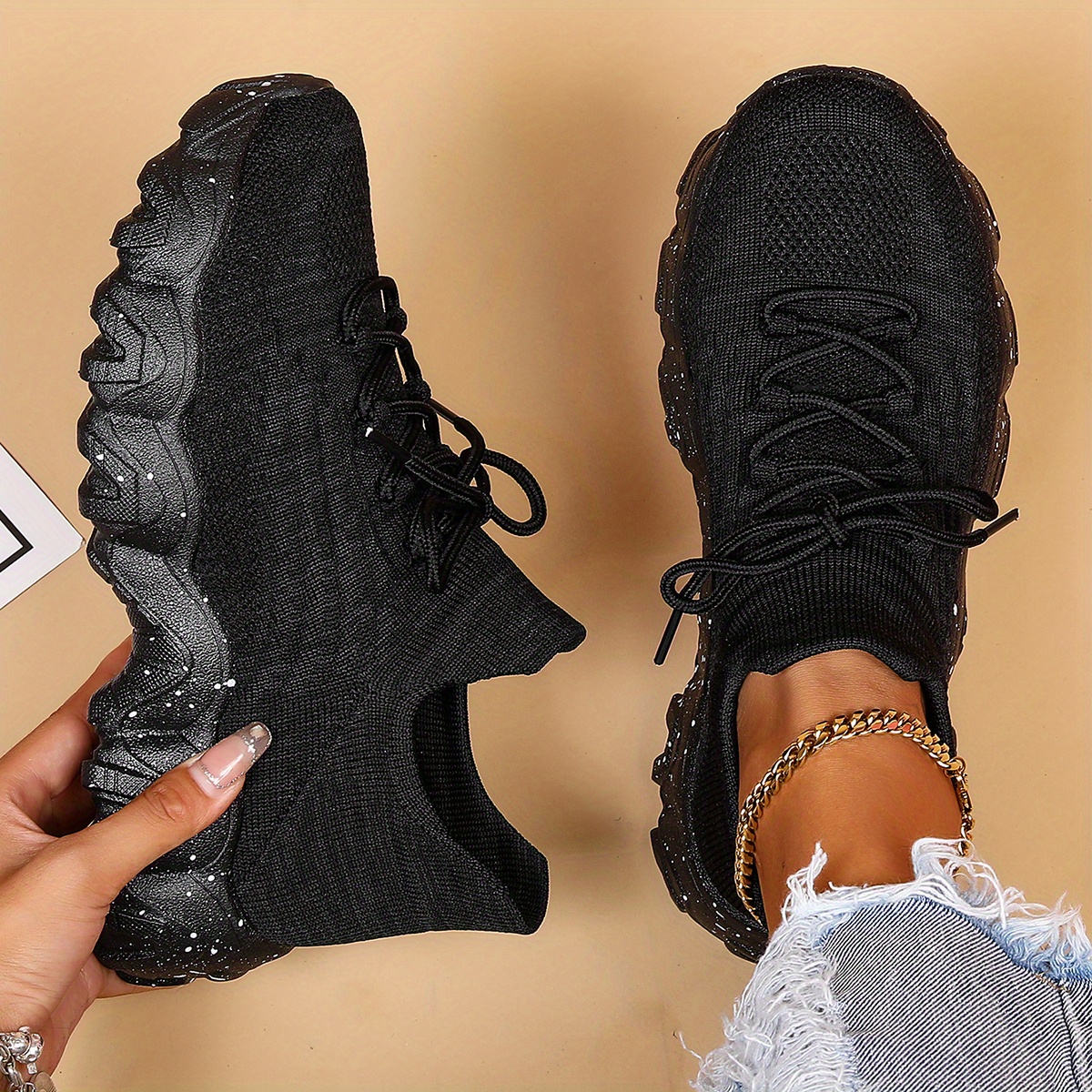 Image of Women's Breathable Knit Sock Sneakers, Trendy Lace Up Running Shoes, Fashion Non-slip Sport Shoes Plus Size, , Unisex