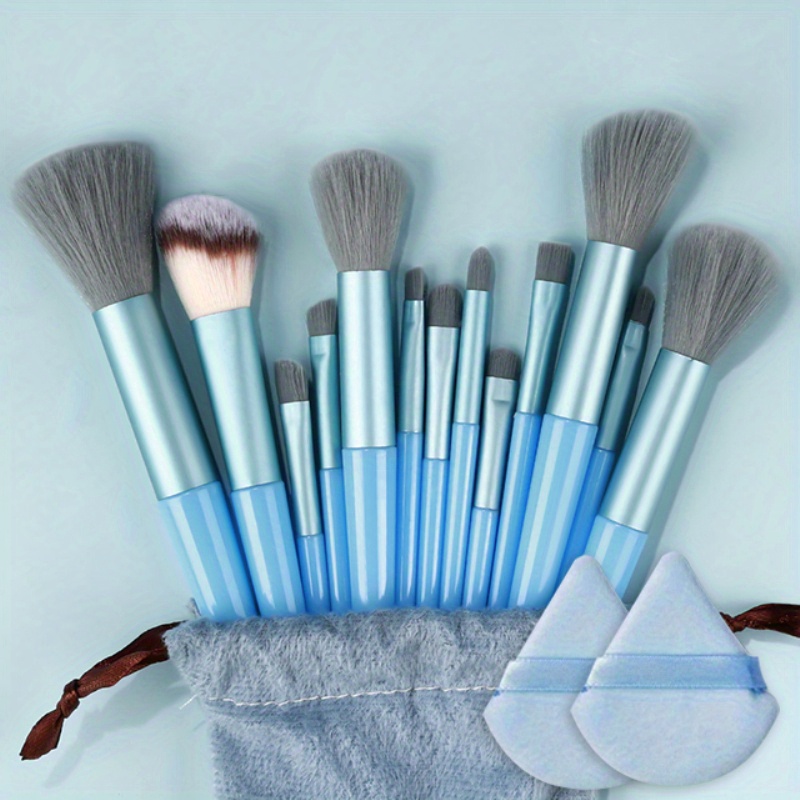 makeup brush set soft fluffy professional cosmetic blue with bag 2 powder puff 0