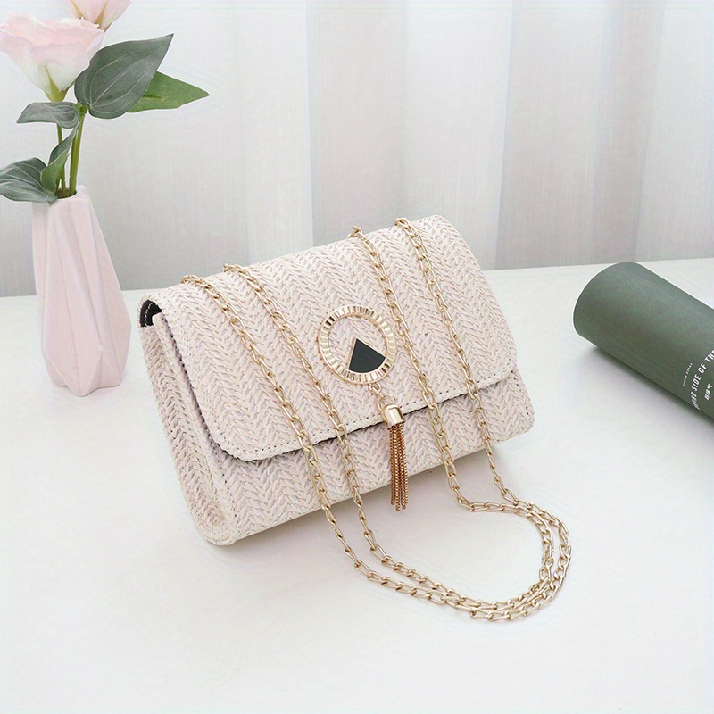 Apricot Small Straw Bucket Crossbody Bag for Casual Seaside