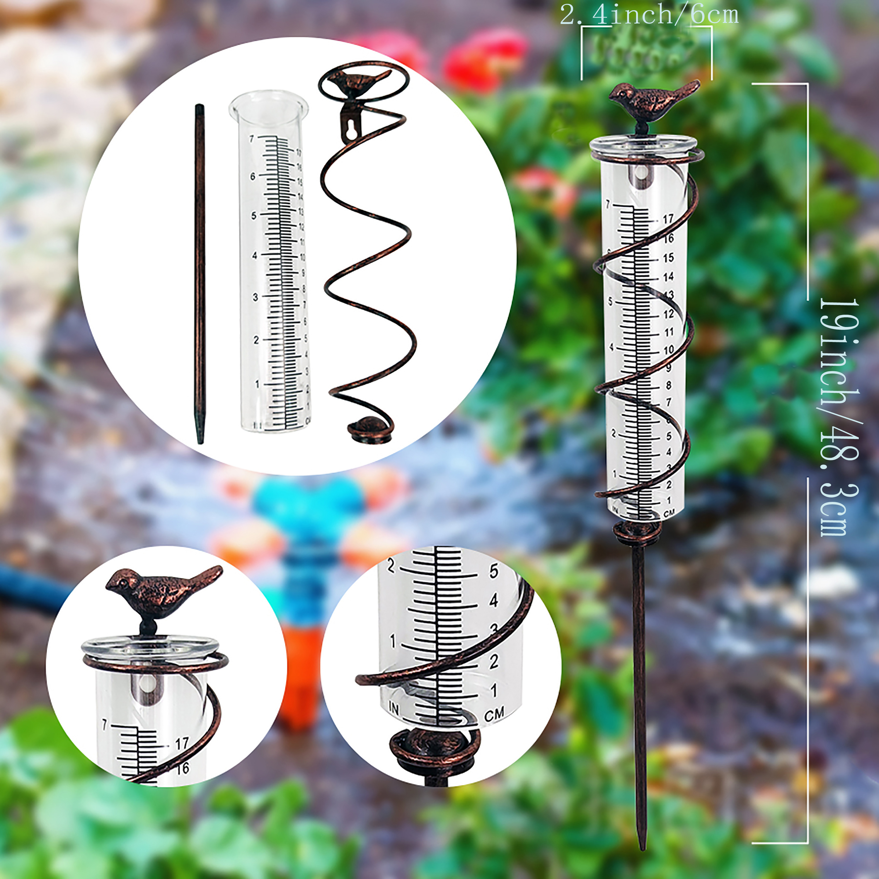 Metal Bird Rain Gauge Garden Stake, Capacity Cast Iron Bird Hanging