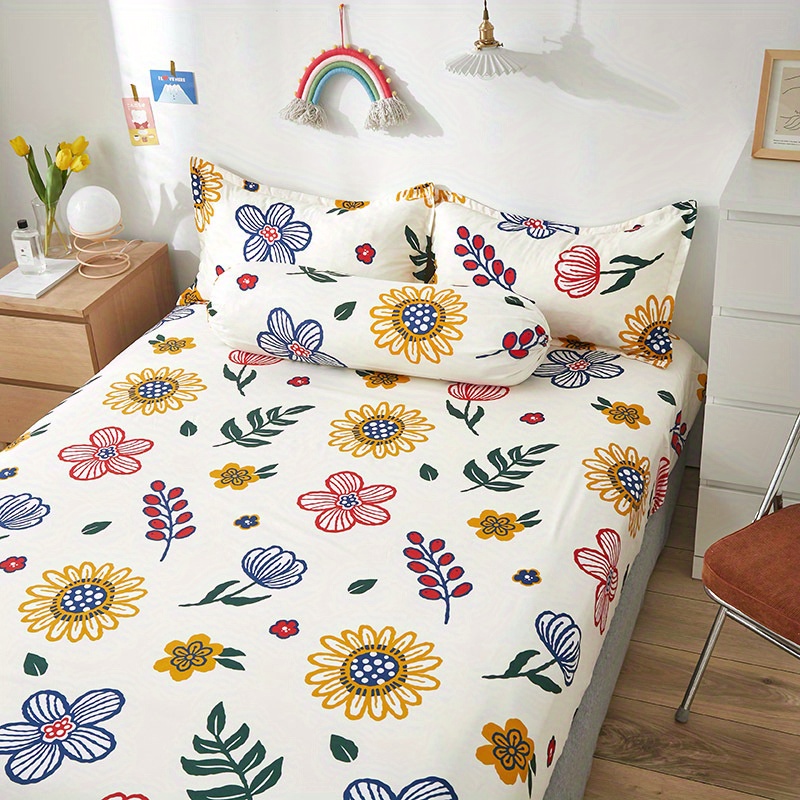 Flower Plant Pattern Anti-slip Fitted Sheet Set, Dust-proof