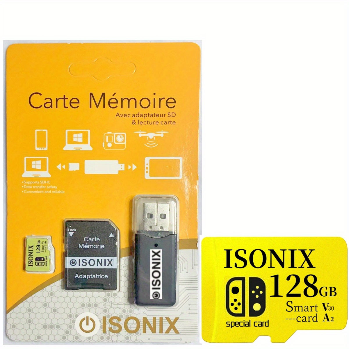 ISONIX Carte Mémoire Micro-sd 128 go Micro SDHC/SDXC + Adaptateur