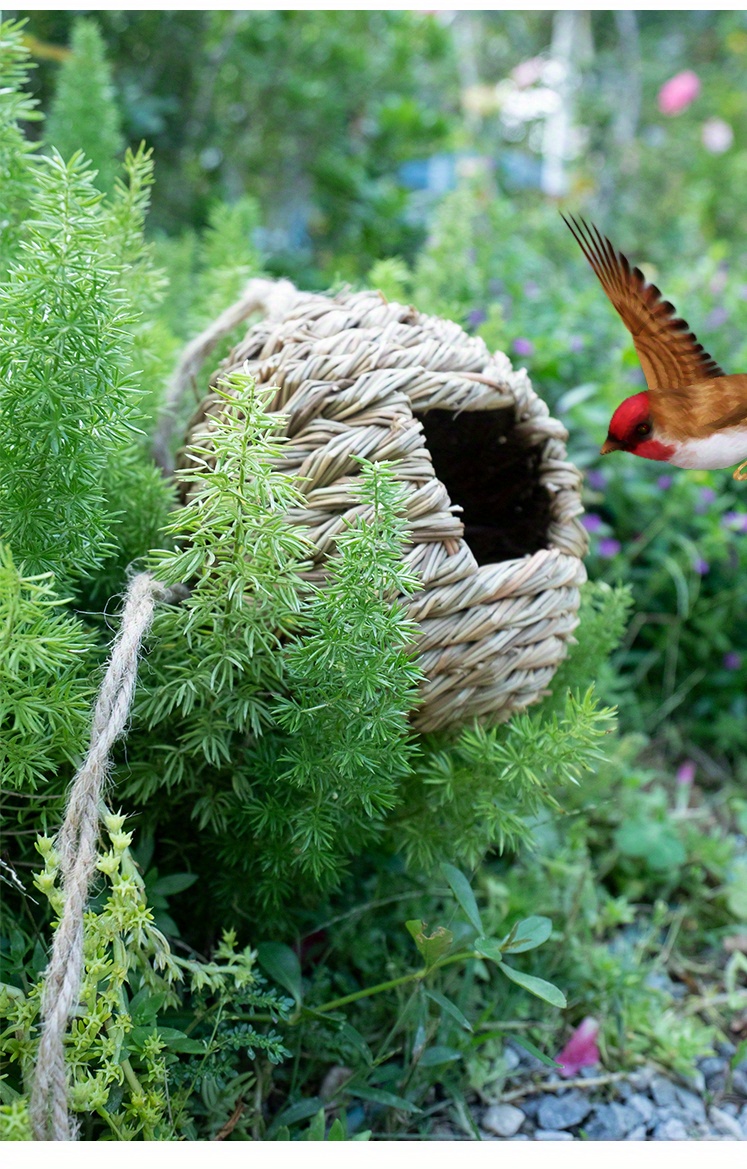 1pc Hand Woven Straw Bird Cage Nest House Natural Fiber Hanging Birdhouse Hatching Breeding Cave 