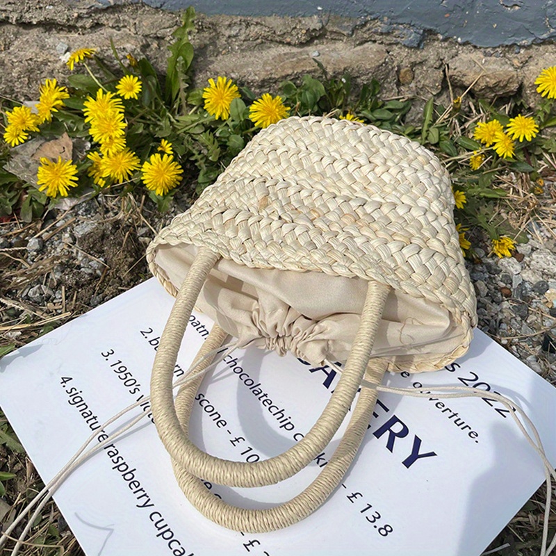 Cute Straw Basket Tote Bag Casual Simple Solid Color Summer Beach ...