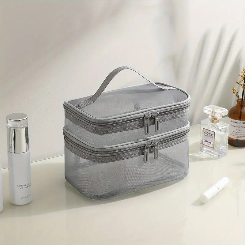 Double-layer Mesh Zipper Makeup Handbag, Solid Color Minimalist Cosmetic Bag,  Travel Toiletry Wash Bag - Temu Mexico