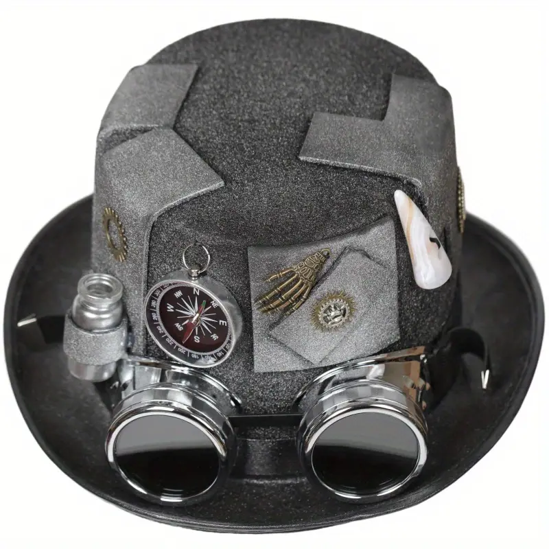 unisex steampunk hat with silver compass bottle horn buckle goggle removable metal decor gear details 5