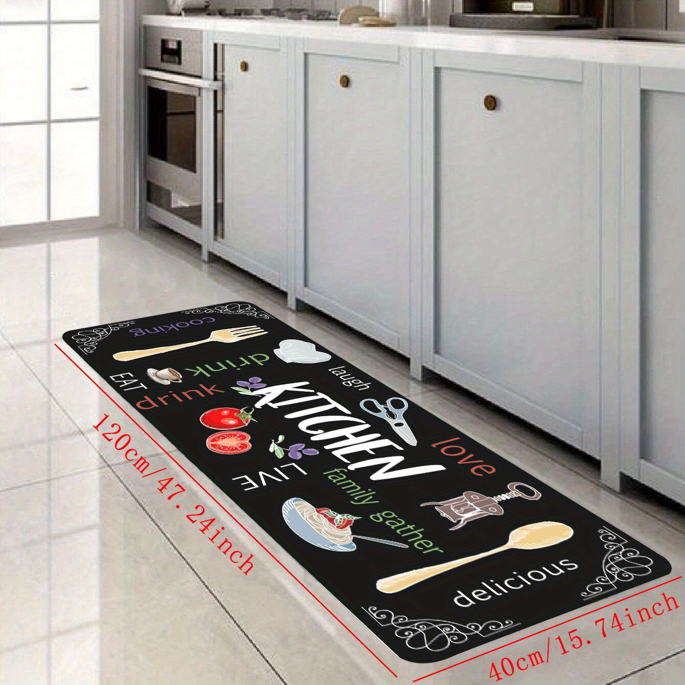 1pc Letter Graphic Kitchen Rug, Black-and-white Polyester Modern