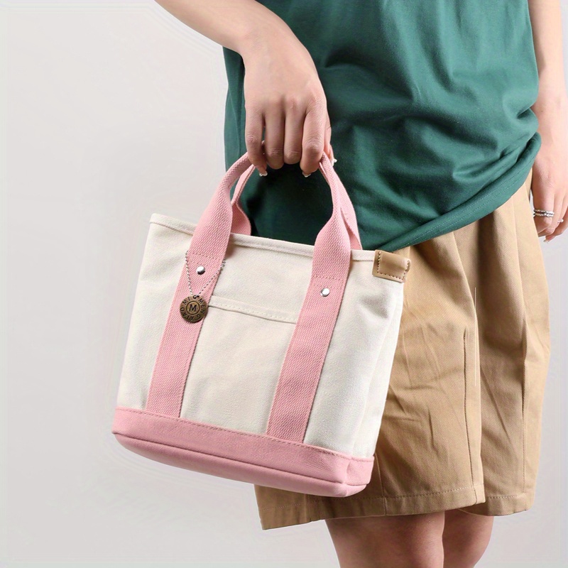 Canvas Contrast Color Tote Bag, Casual Daily Lunch Bento Bag, Durable  Fashion Commuter Bag - Temu