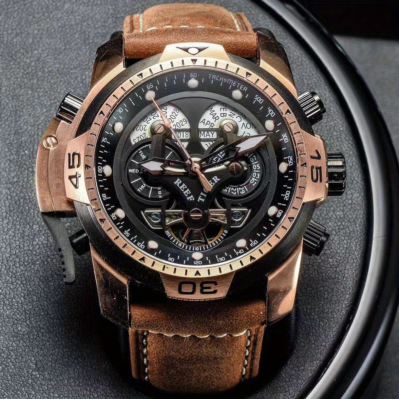 Reef Tiger-relojes automáticos de acero para hombre, cronógrafo Masculino  con correa de cuero marrón, diseño