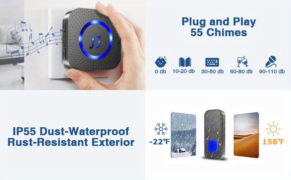  Timbre inalámbrico, kit de timbre de puerta impermeable que  funciona a más de 1000 pies con 1 receptor enchufable, 58 melodías, sonido  de calidad de CD, flash LED (1 campanilla, 1