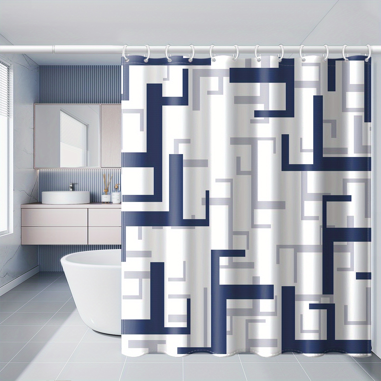 Image of 1pc Blue Geometric Image Shower Curtain, Artistic Aesthetic Bathroom, With Plastic Hooks, Suitable For Room, Family, Hotel, Machine Wash Bathroom Shower Curtain