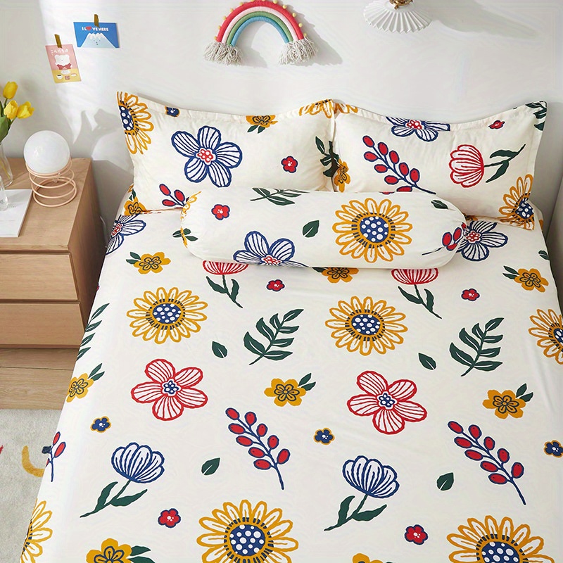 Flower Plant Pattern Anti-slip Fitted Sheet Set, Dust-proof