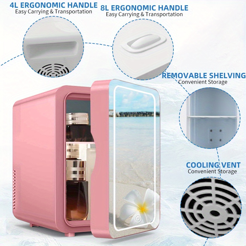 MELLYD Mini Frigo Da Camera, 8L,Con Specchio Cosmetico Led Mini Frigorifero,  Raffreddamento E Riscaldamento,12v/220v Frigorifero Da Macchina, Per Camera  Da Letto,Ufficio E Auto,Pink : : Auto e Moto