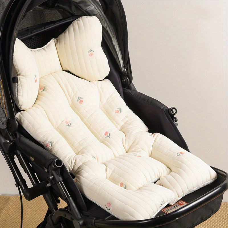 1pc cotton stroller seat pad stroller cushion baby embroidered cotton pad for autumn and winter breathable cotton cloth grid not machine washable details 4