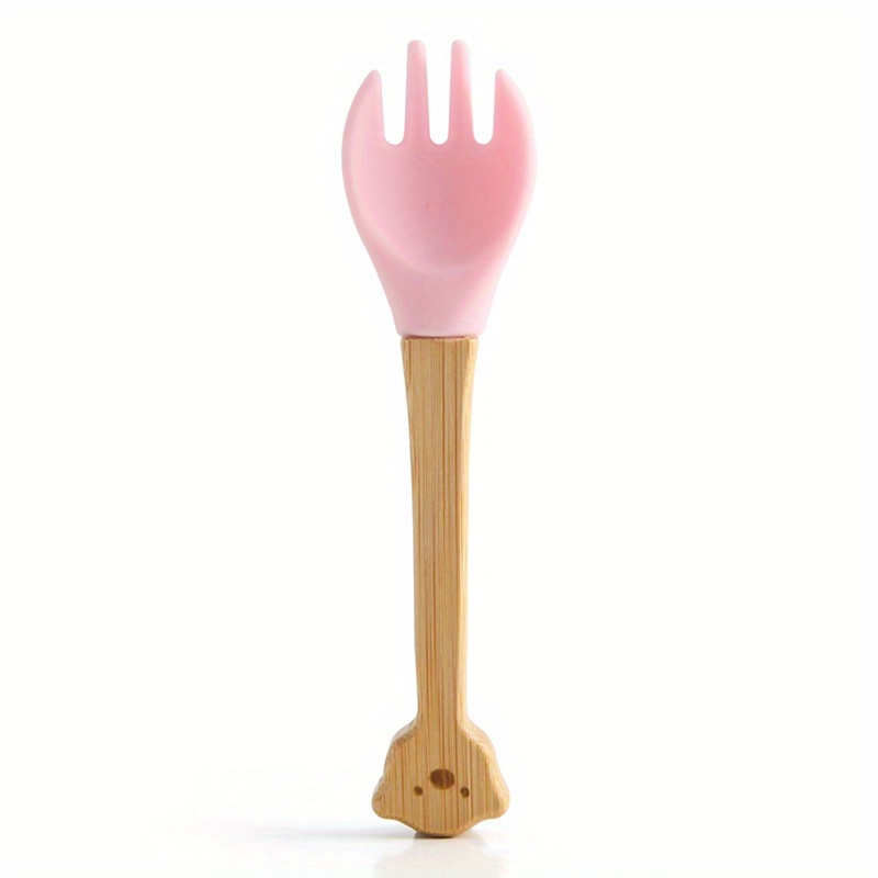 2pcs/set Food Grade Silicone Mini Fork Spoon For Baby Wooden Print