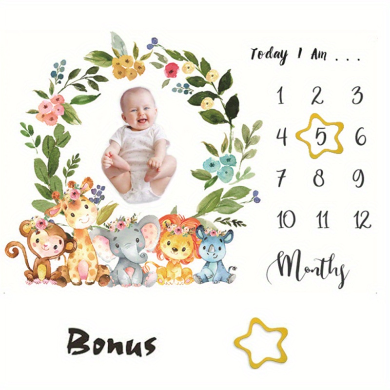 Monthly Milestone Blanket Suitable For Shower - First Year Developmental With Felt Animals, Months Labelled 1-12, Decor, & Unisex Bedspread 60x40cm