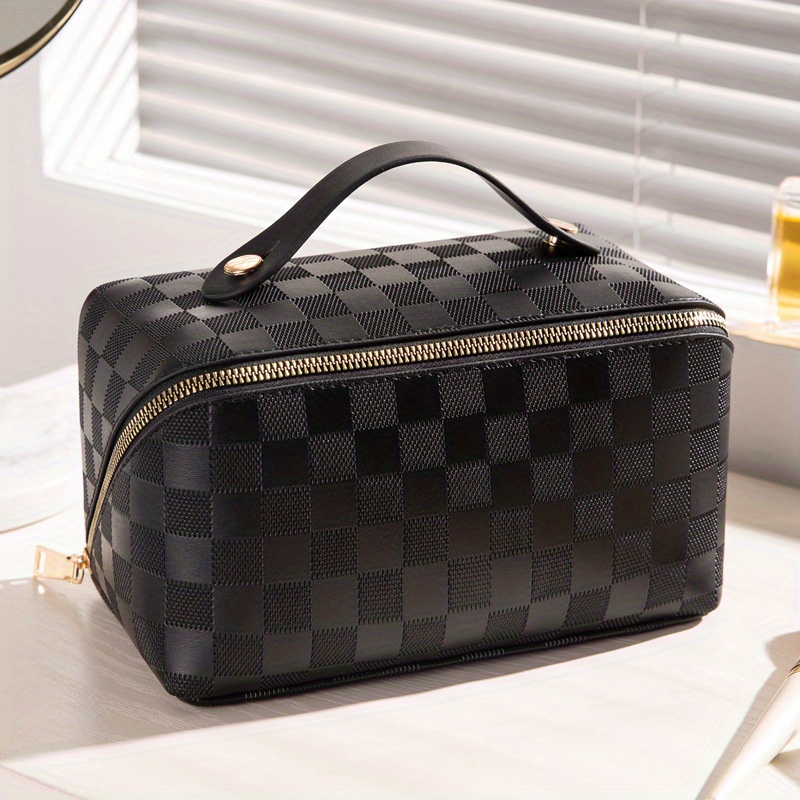 Women Cosmetic Bag Plaid Toiletries Travel Storage Bag PU Leather