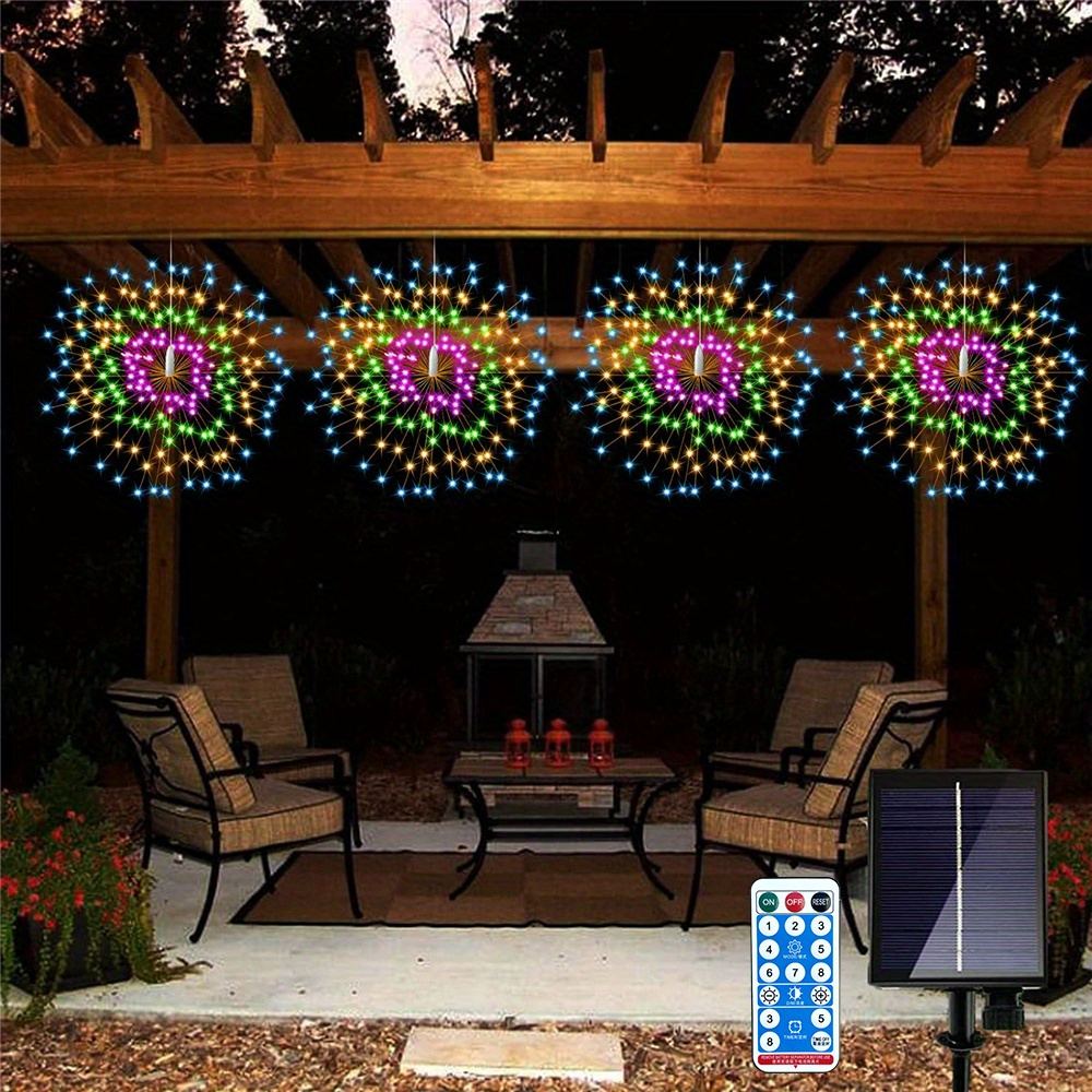 4 pack hanging solar firework lights 480 led starburst lights copper wire outdoor waterproof lights timer 8 modes remote control halloween decorations lights outdoor for patio umbrella eave garden tree christmas lights warm white multicolor details 4