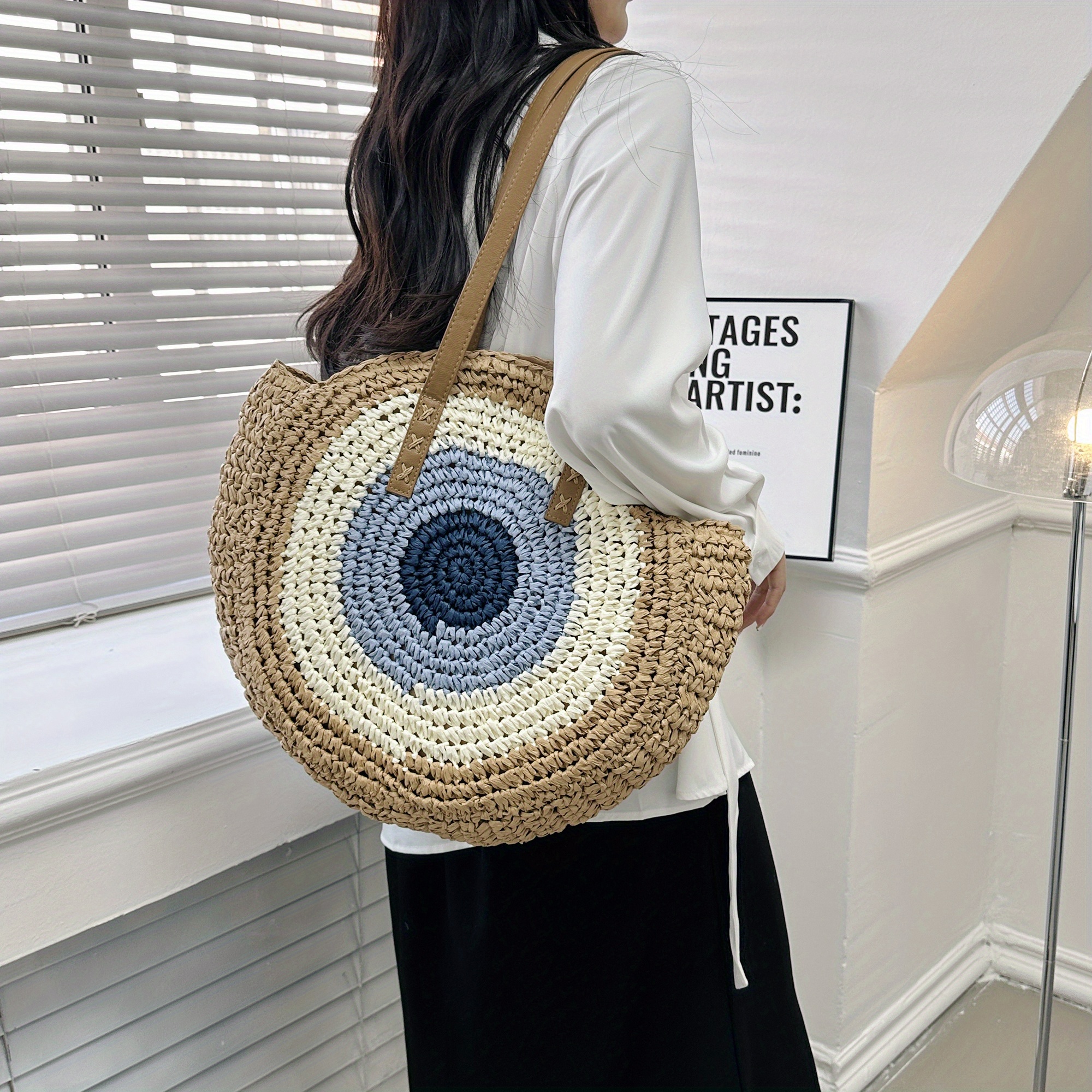 Hollow-out Straw Handbag, Fashion Woven Beach Bag, Round Large Capacity  Shoulder Bag - Temu Japan