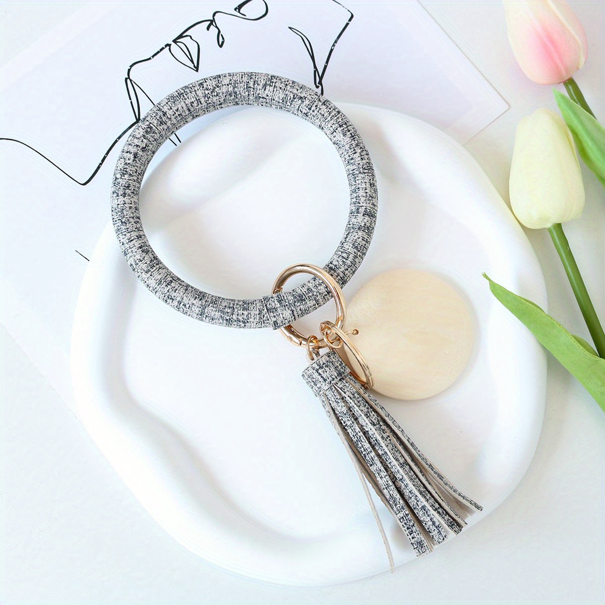 Dodoing Large Circle Key Ring Leather Tassel Bracelet Holder Wristlet Keychain Bracelet Bangle Keyring for Women Girl, Women's