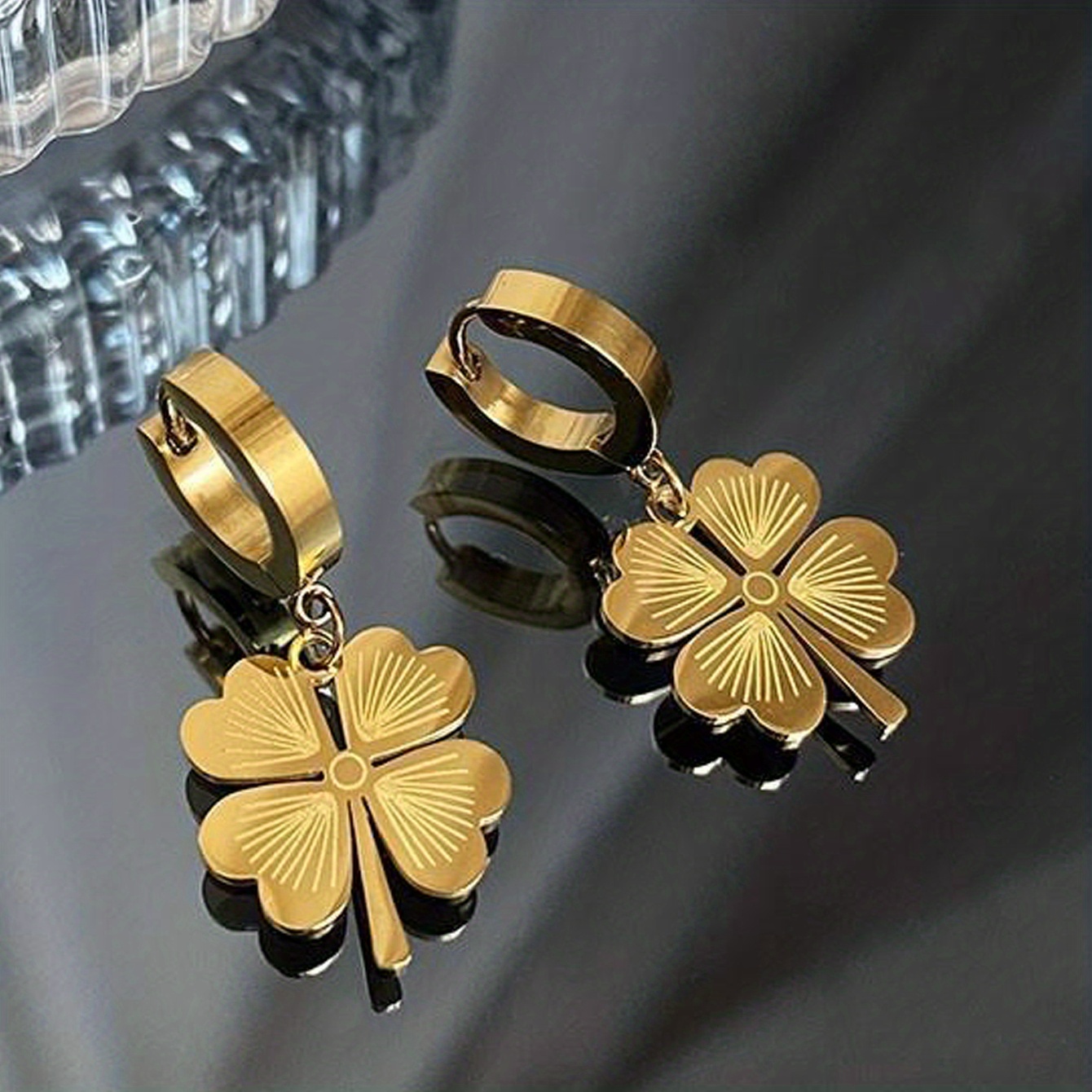 18K Gold Plated Clover Design Dangling Stud Earrings