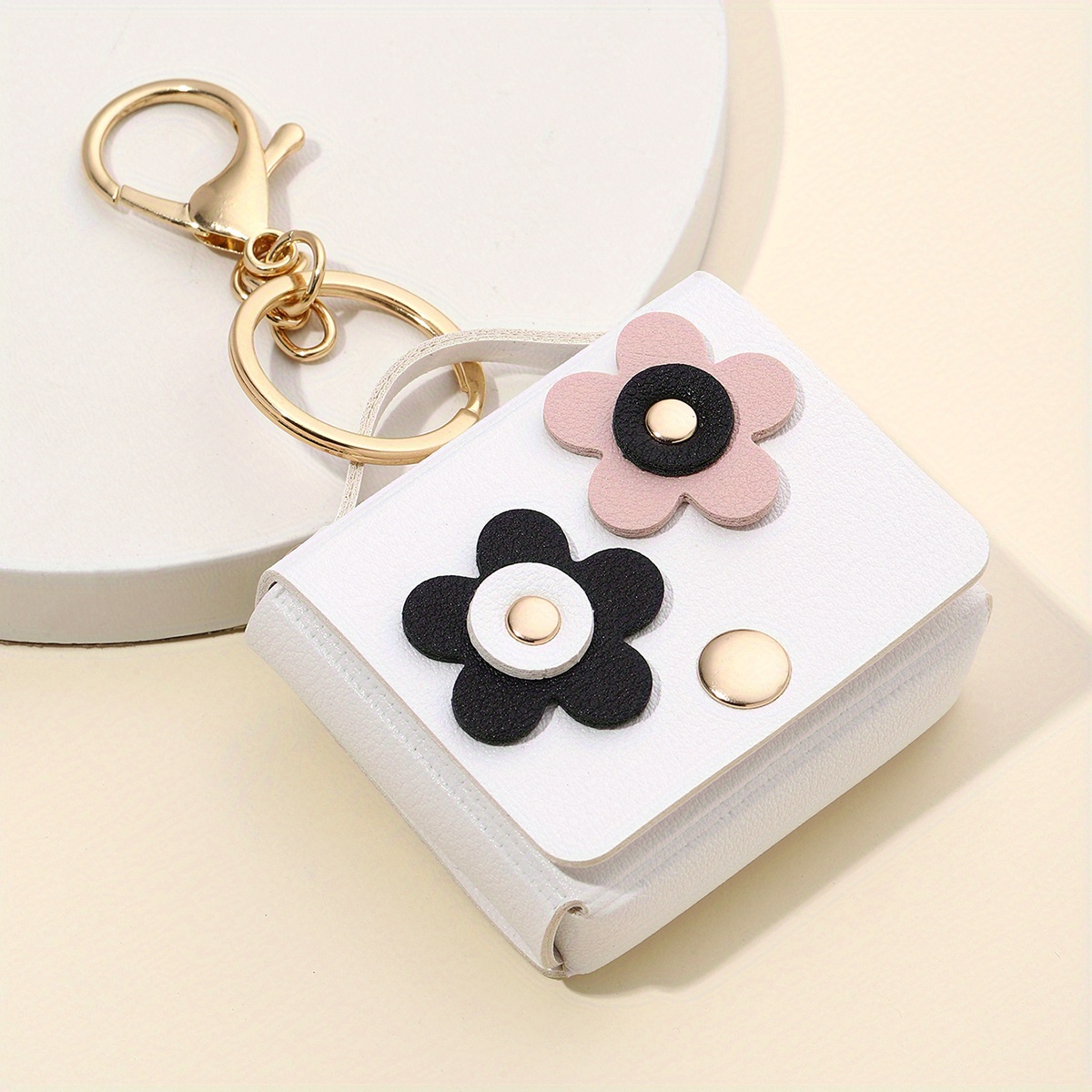 1pc cartoon flower coin purse keychain cute pu leather earphone holder key ring purse bag backpack car accessory women gift details 0