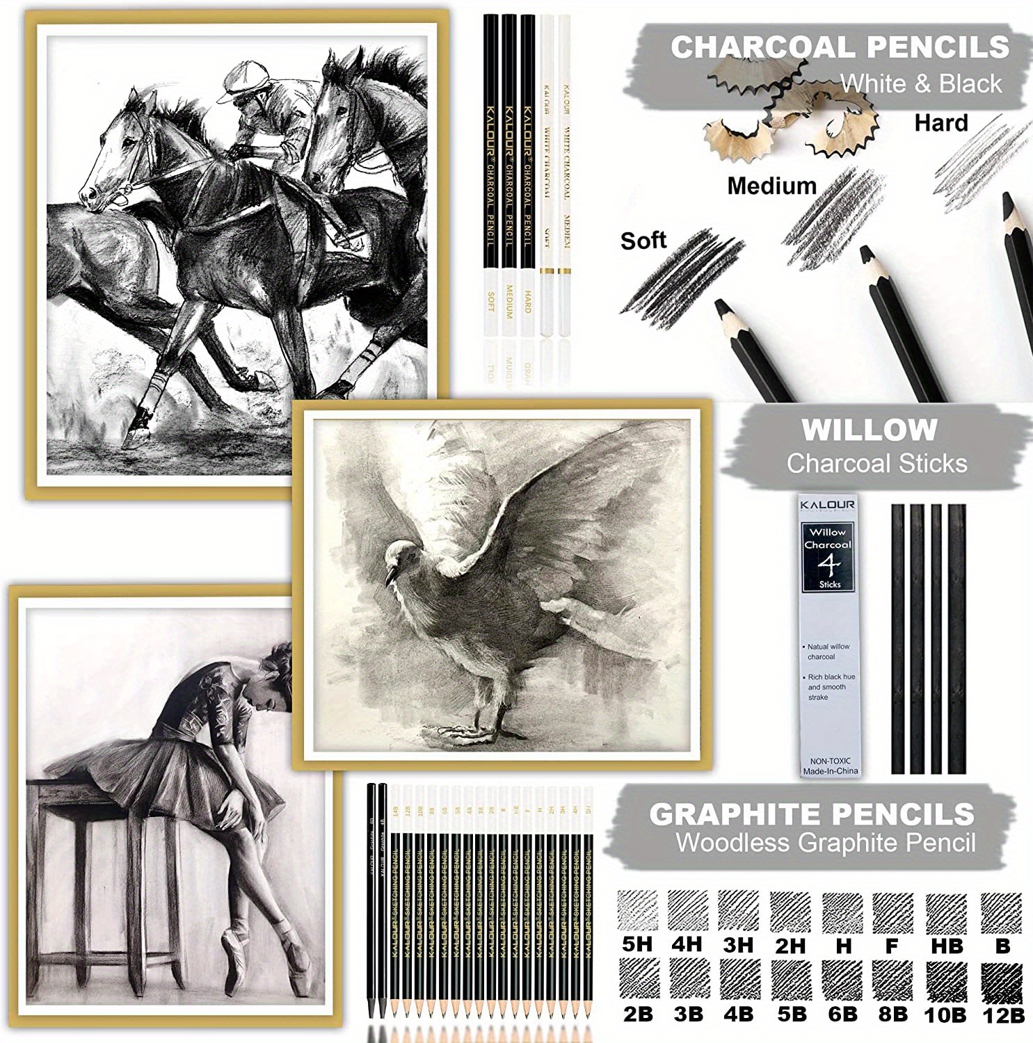 KALOUR 58-Pack Drawing Set Sketch Kit, Sketching Supplies with 3-Color  Sketchbook, Graphite & Charcoal Pencils, A5 Sketchbook, Tutorial, Pro Art