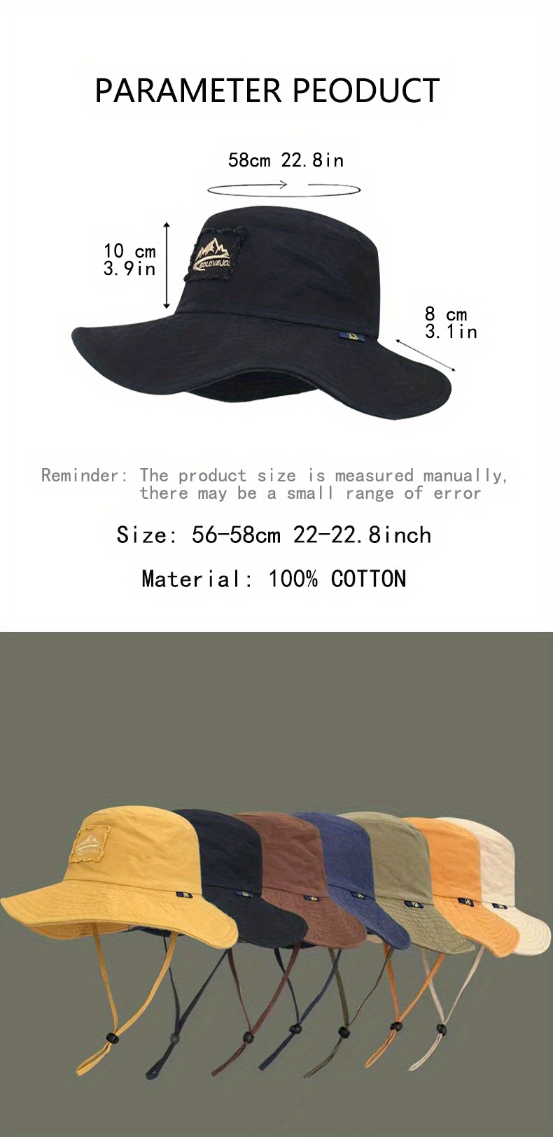 Wide Brim Hiking Fishing Safari Boonie Bucket Hats 100% Cotton UV