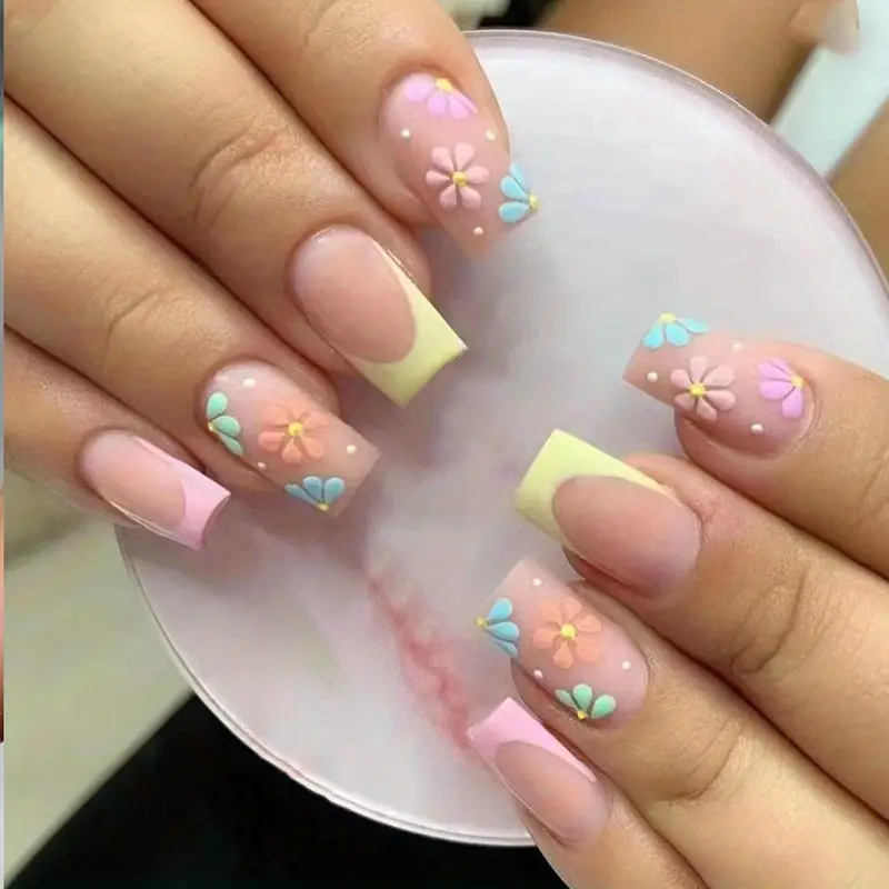 24pcs Blue & Yellow French Tip * Nails, Colorful Flower Press On Nails With Design, Matte Full Cover Medium Square False Nails For Women And Girls