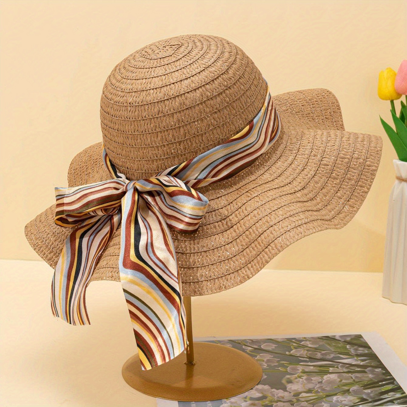 TEMU Women's Stylish Large Brim Straw Hat With Striped Bowknot Ribbon - Sun & Uv Protection For The Beach!