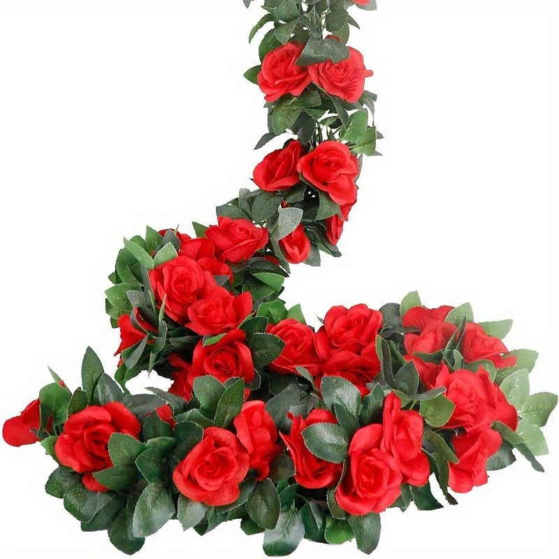 Guirnalda de flores artificiales de rosas rojas, guirnalda decorativa de  25.6 pulgadas con rosas falsas y hojas verdes, guirnalda de flores de seda