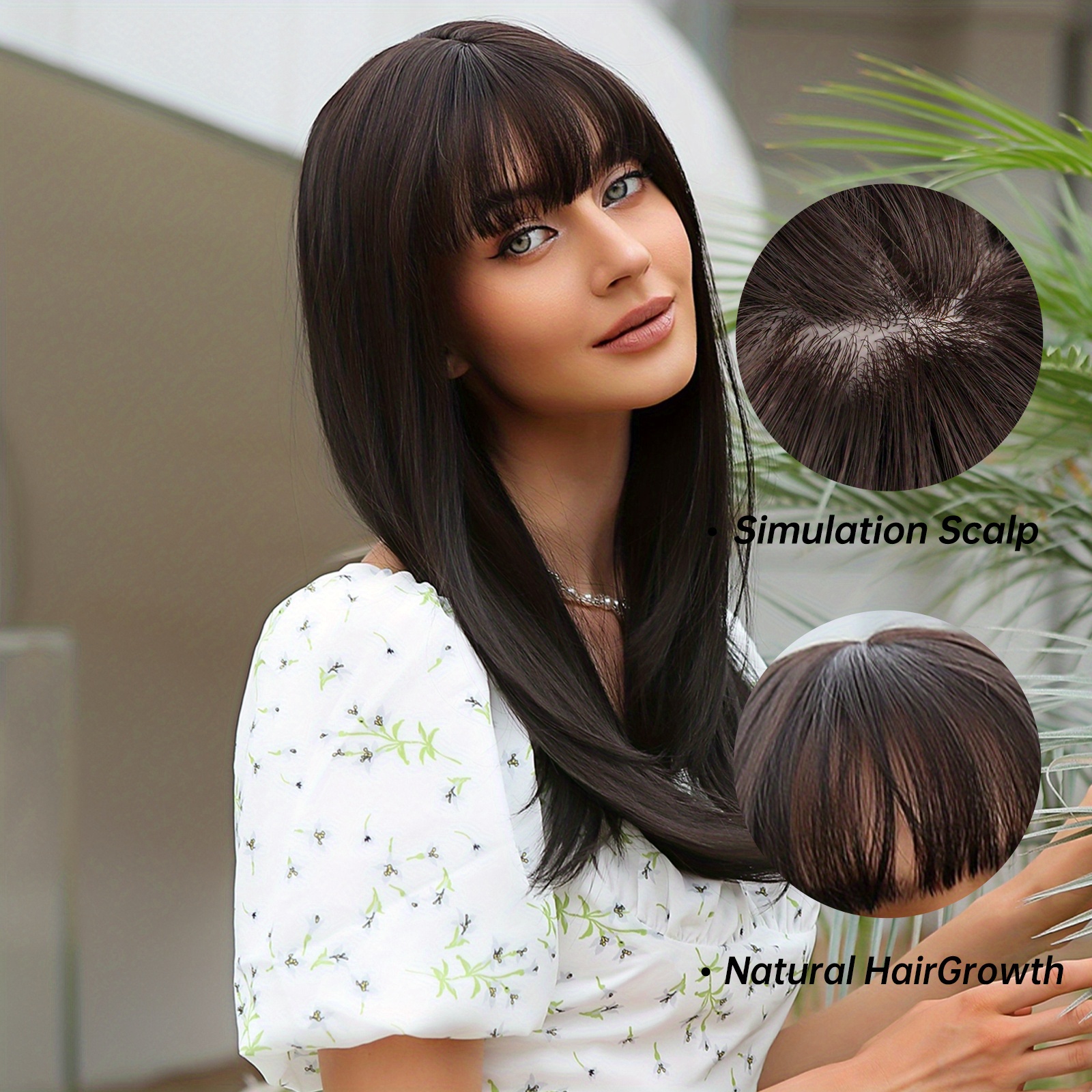 Elegant Black Long Straight Wig Bangs Soft Synthetic Hair Temu