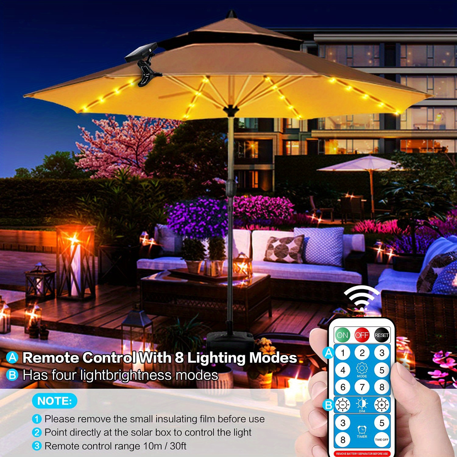 1pc solar patio umbrella lights cordless parasol string lights with clip umbrella pole light solar powered waterproof for 7 10foot umbrella outdoor lighting beach deck garden party decoration details 2