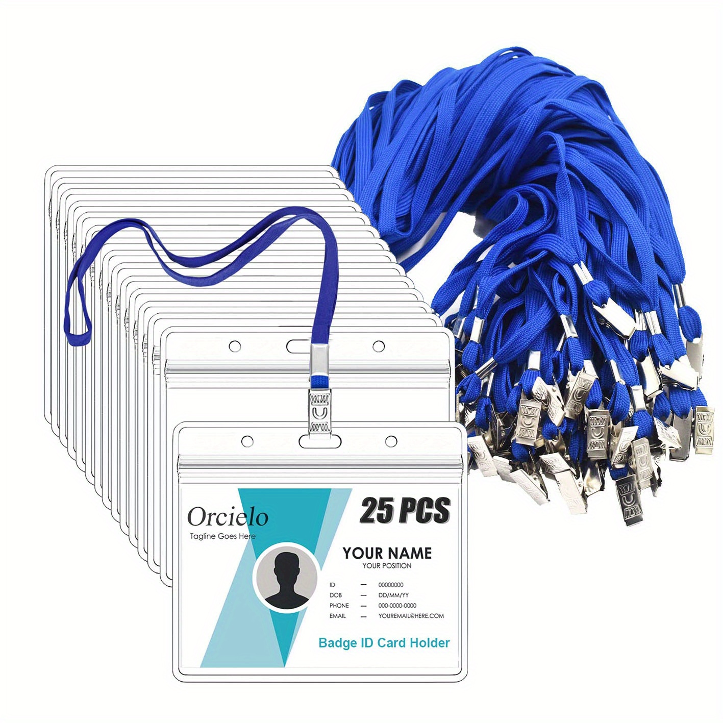 25pcs Badge Holder With Lanyard, Blue Lanyards For Horizontal ID Badges,Clear ID Card Holder With Waterproof Resealable,Bulk Plastic Name Tag