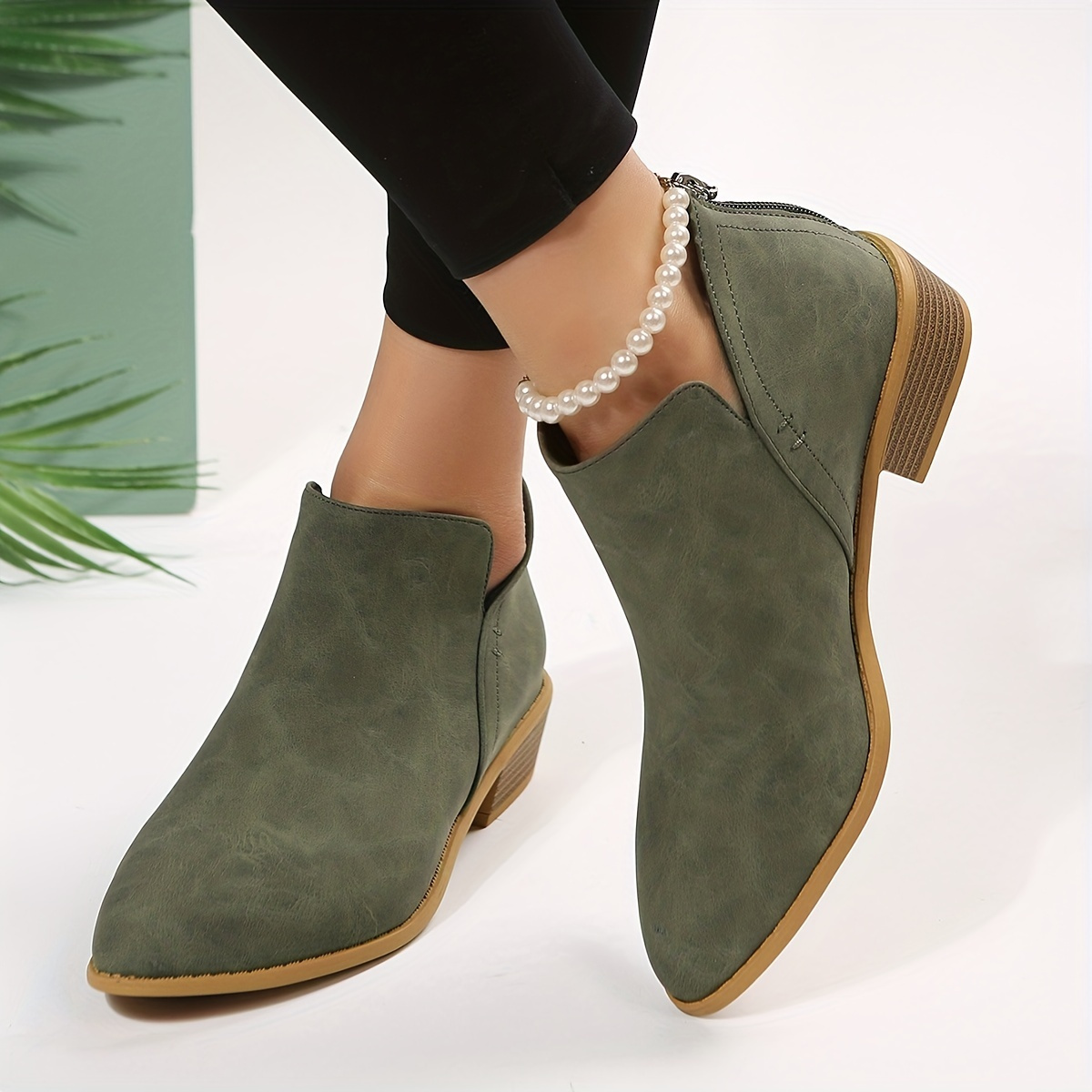 Women's Chunky Heeled Ankle Boots Pointed Toe Zipper Stacked