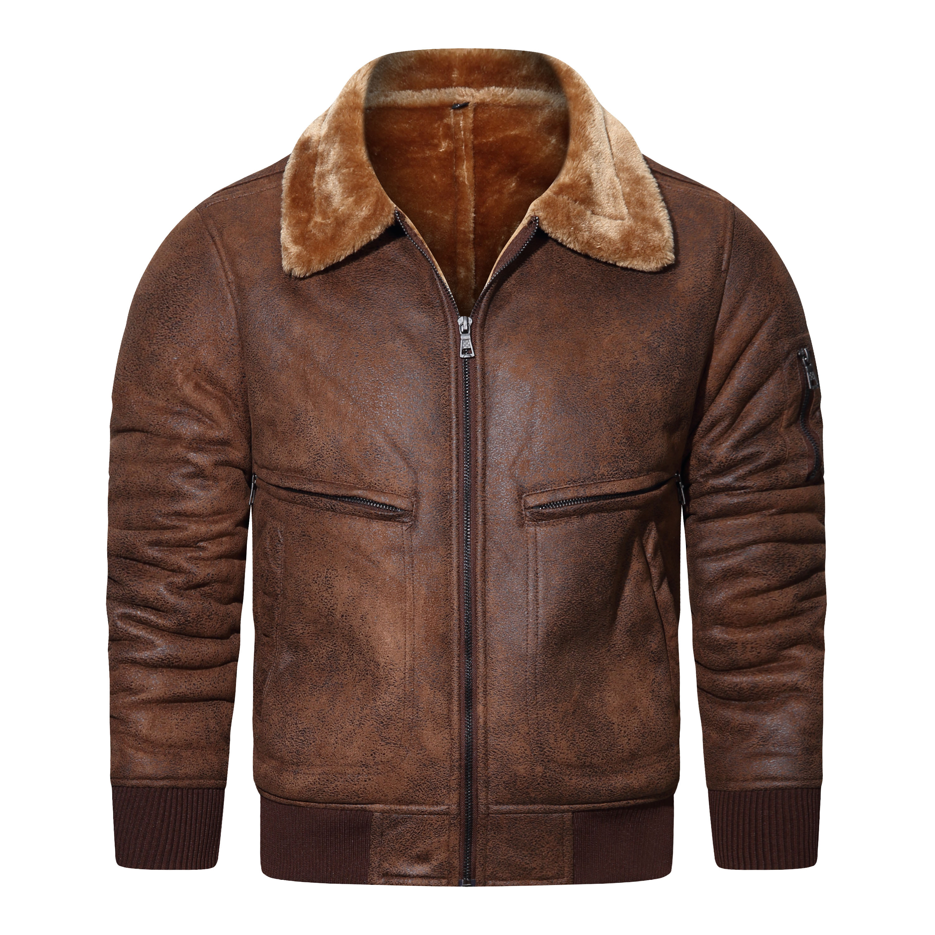 Warm Fleece PU Jacket, Men's Casual Solid Color Zip Up Fur Collar Faux  Leather Jacket For Fall Winter