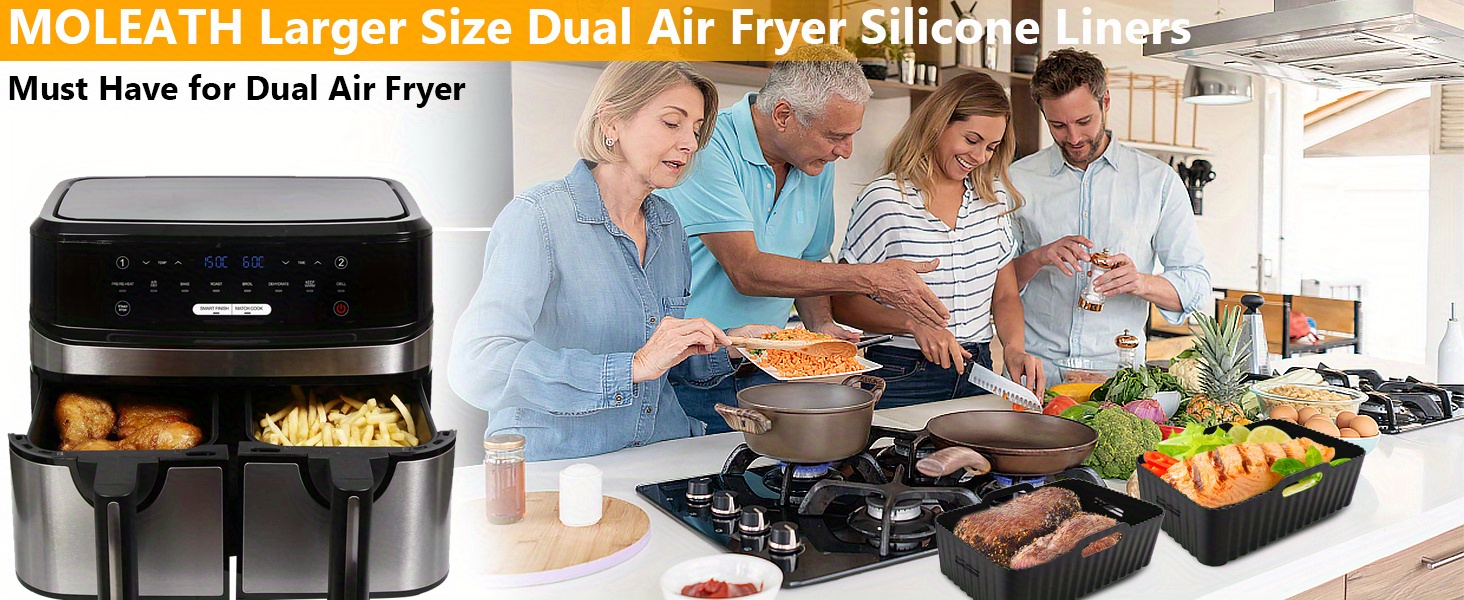 Collapsible Silicone Air Fryer Liners, Rectangular Air Fryer Silicone Pot, Reusable Silicone Air Fryer Basket for Ninja Foodi Dual Dz201/dz401, Adult