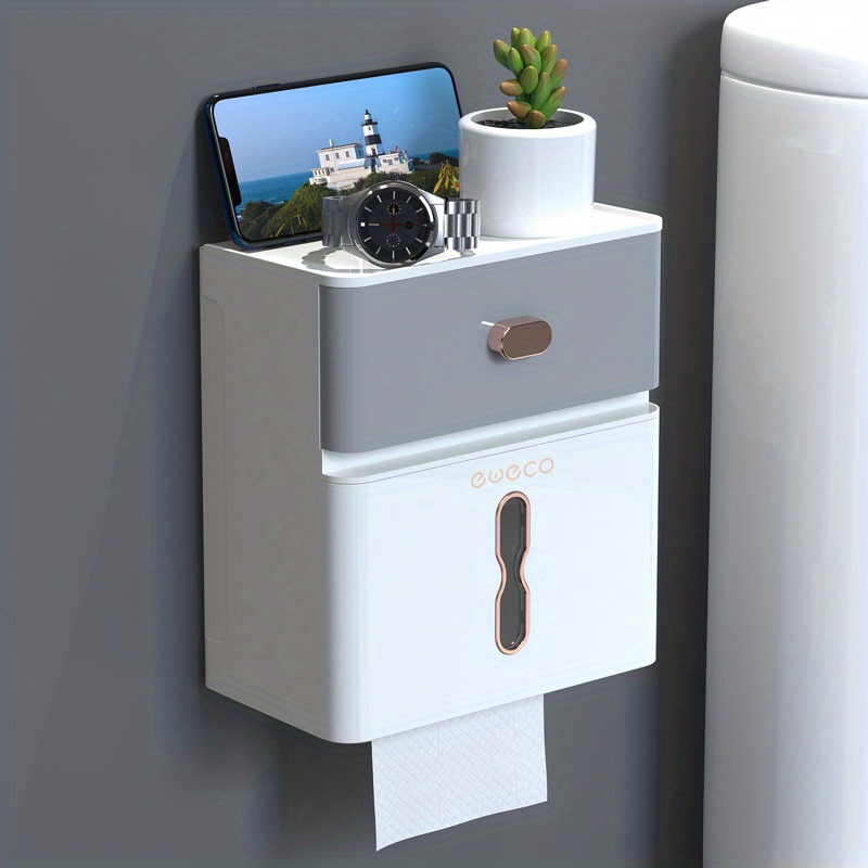 TEMU 1pc Bathroom Double-layer Storage Rack, Roll Paper Tissue Box, Toilet Wall-mounted Large Capacity Punch-free Tissue Holder