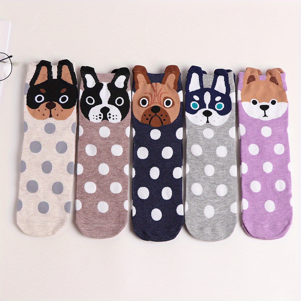Image of 5 Pairs Of Polka Dot Cartoon Animal Dog Graffiti Cute Teenage Socks Mid-tube Socks, For Teenager