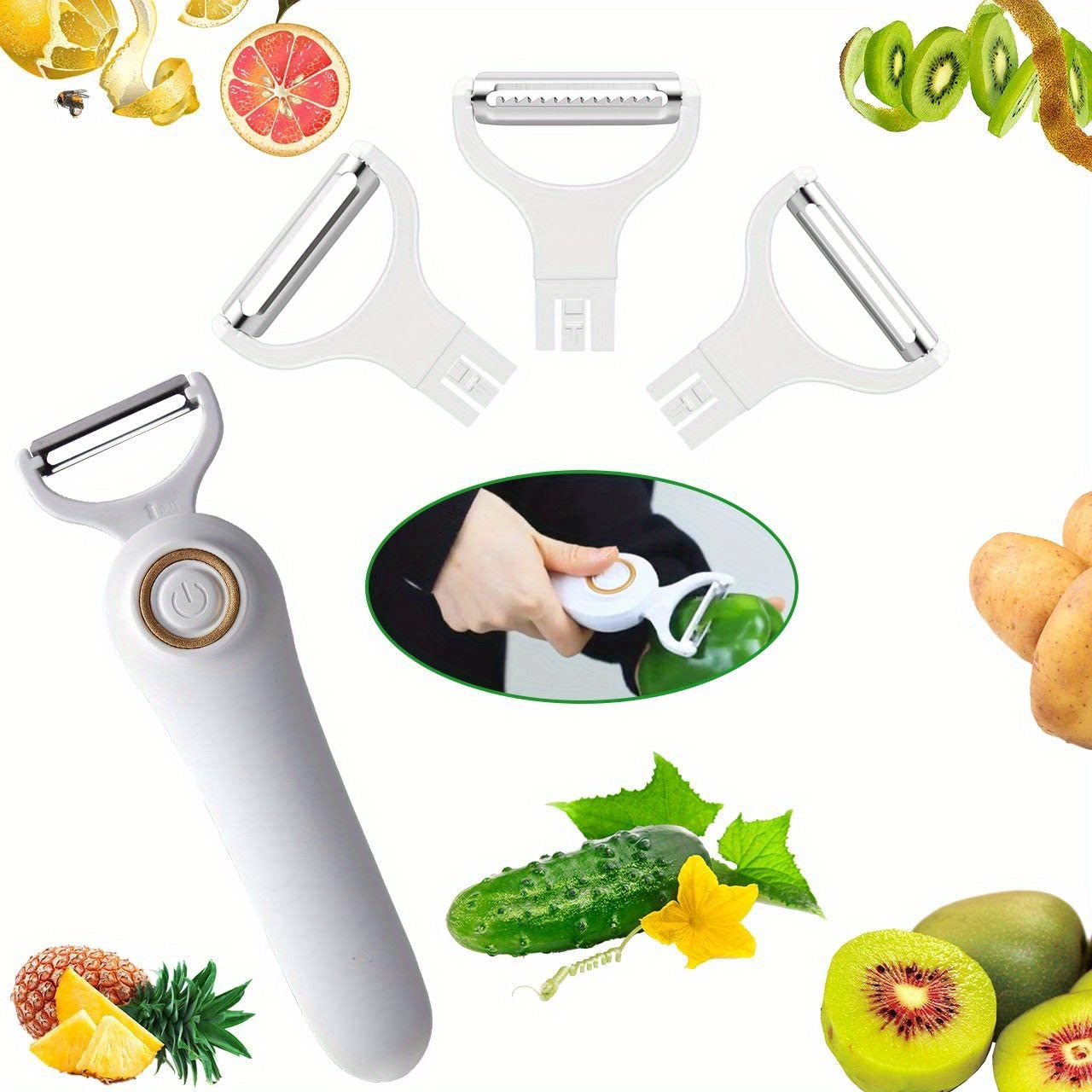 PANGPENG Electric Potato Peeler, Handheld Electric Vegetables and Fruit Peeler 3-in-1 Pro Set, USB Rechargeable Kitchen Gadgets for Apples, Potato, Carrots, Cu