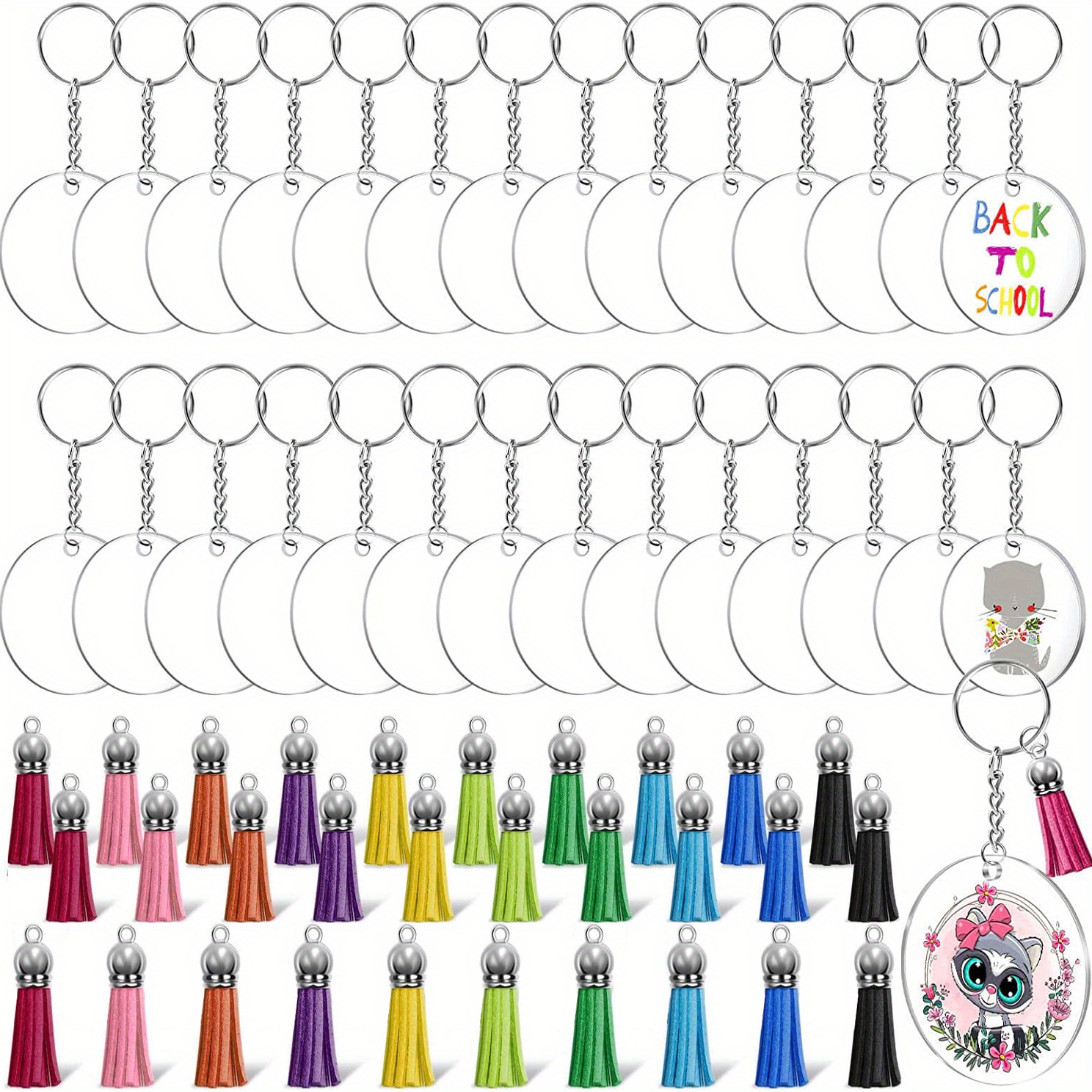Xelparuc Clear Acrylic Keychain Blanks for Vinyl 120 Pcs Including 30pcs Acrylic Circle Discs,30pcs Keychain Tassels, 30pcs Key Chain Rings and 30pcs