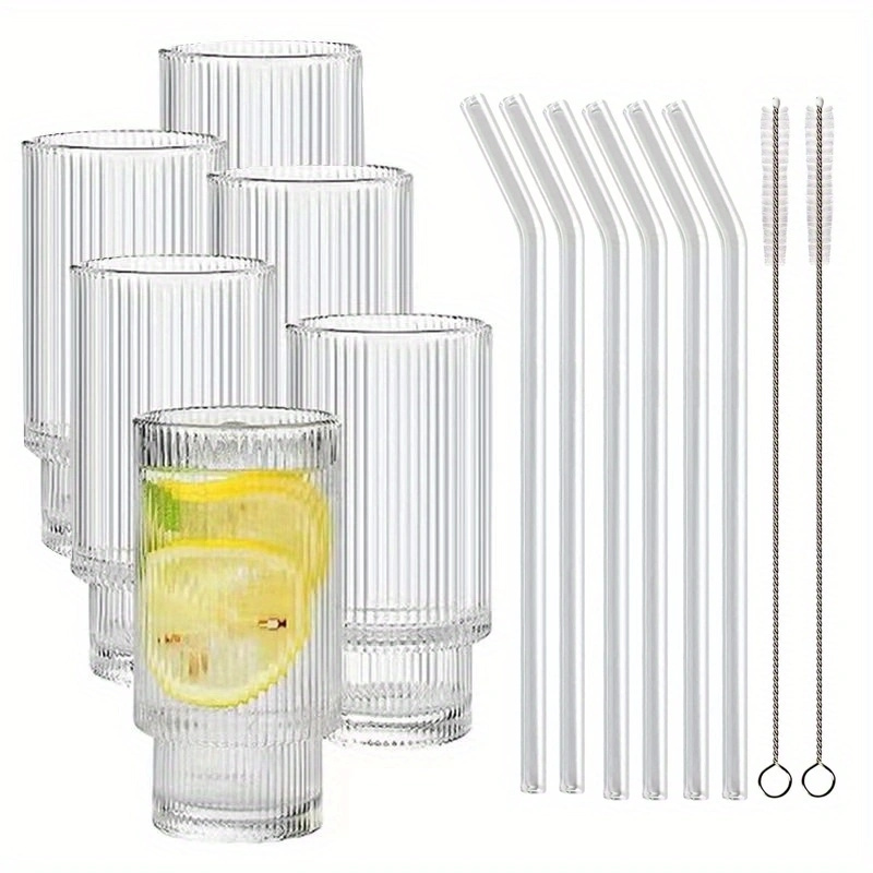 ALINK Glass Cups with Straws, 12 OZ Ribbed Glassware Drinking Glasses Set  of 4, Fluted Iced Coffee C…See more ALINK Glass Cups with Straws, 12 OZ