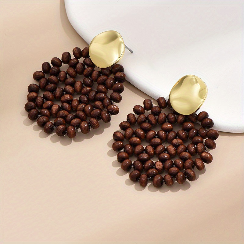 Bohemian Geometric Braided Wooden Beads Decor Dangle Earrings Delicate Female Gift Souvenir