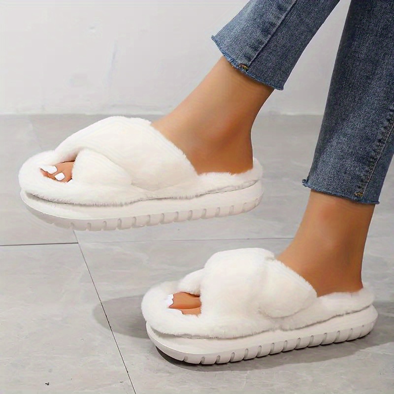 Women's Platform Fuzzy House Slippers, Open Toe Crisscross Strap Warm  Fluffy Shoes, Indoor Cozy Plush Slippers - Temu