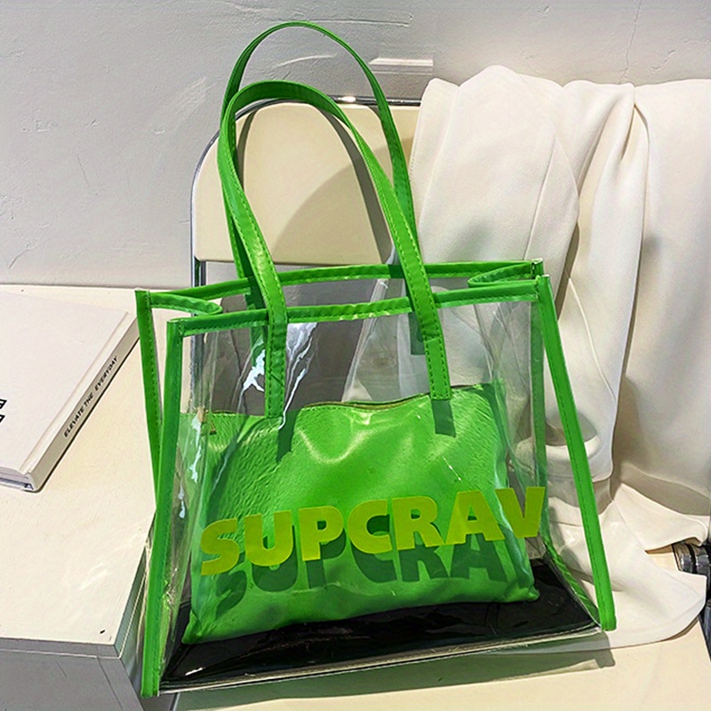 Transparent Letter Print Tote Bag, Large Capacity Clear Shoulder