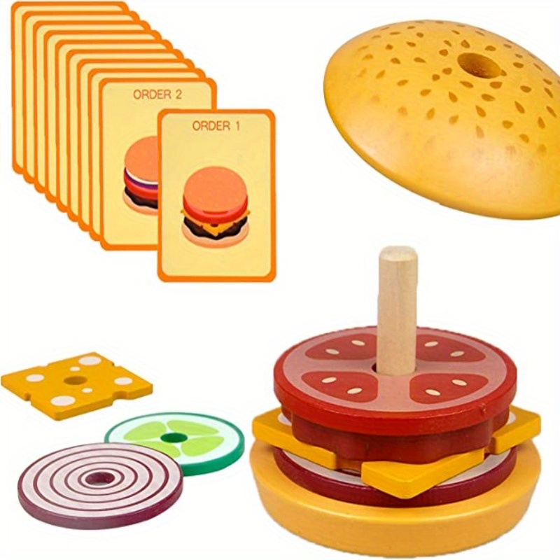 Image of A Set Of Wooden Stacking Hamburger Toys, Fine Motor Skill Game With Hamburger Food And Order Cards, Suitable For Aged 3 And Up (hamburger) Halloween, Thanksgiving, Christmas, New Year Gifts.
