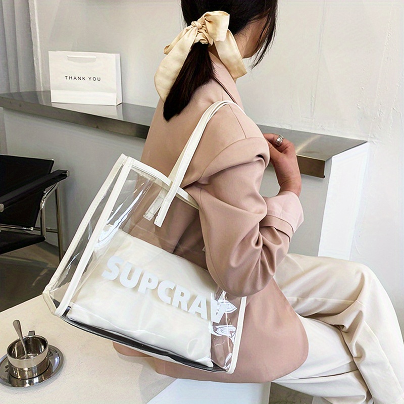 Transparent Letter Print Tote Bag, Large Capacity Clear Shoulder Bag,  Women's Stylish Handbag With Inner Pouch For Travel & Beach - Temu