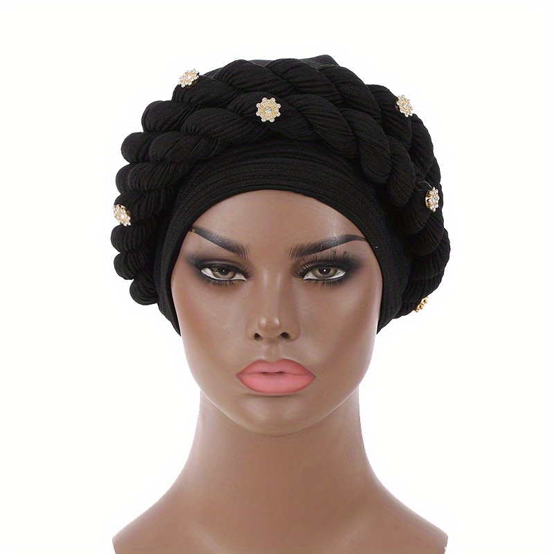 Twisted Braided Turban Cap Black Pre Tied Crinkle Head Wrap Elastic ...